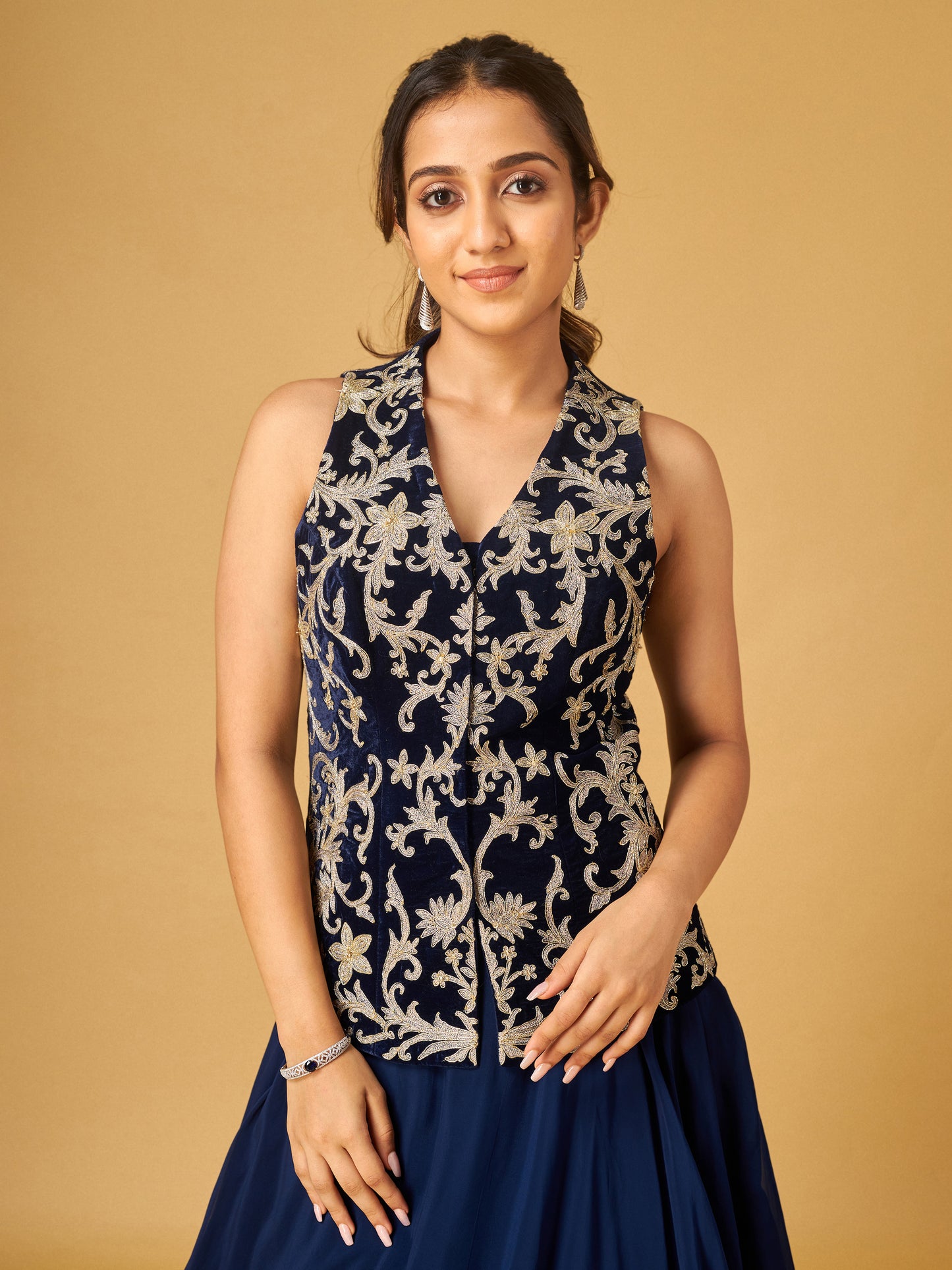 Navy Velvet Embroidered Peplum Jacket and Skirt Set