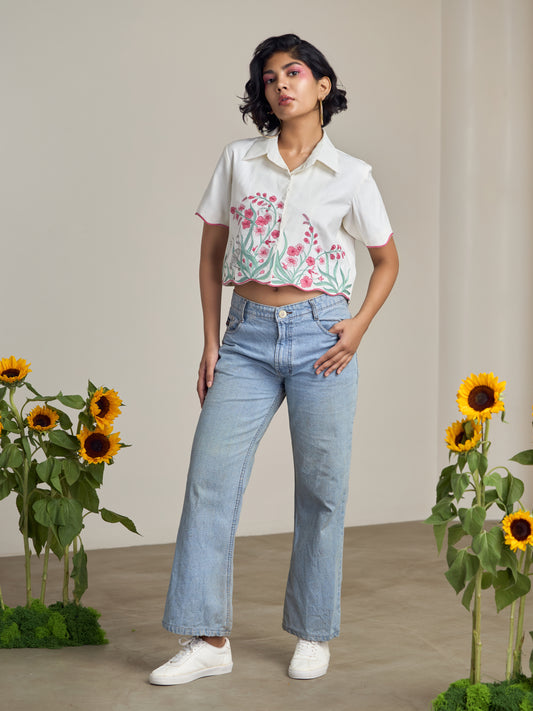 Ivory Flamingo Crop Shirt