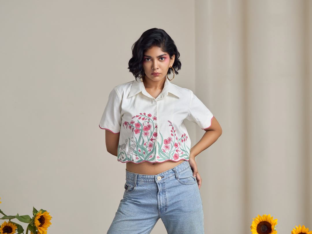 Ivory Flamingo Crop Shirt