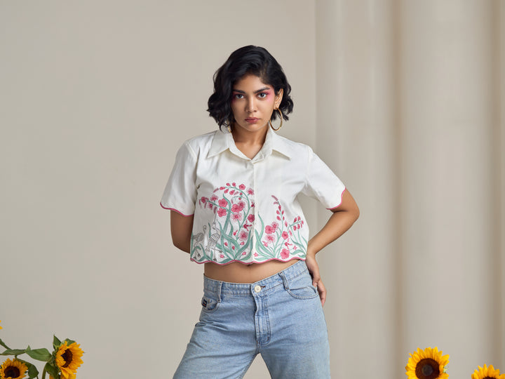 Ivory Flamingo Crop Shirt
