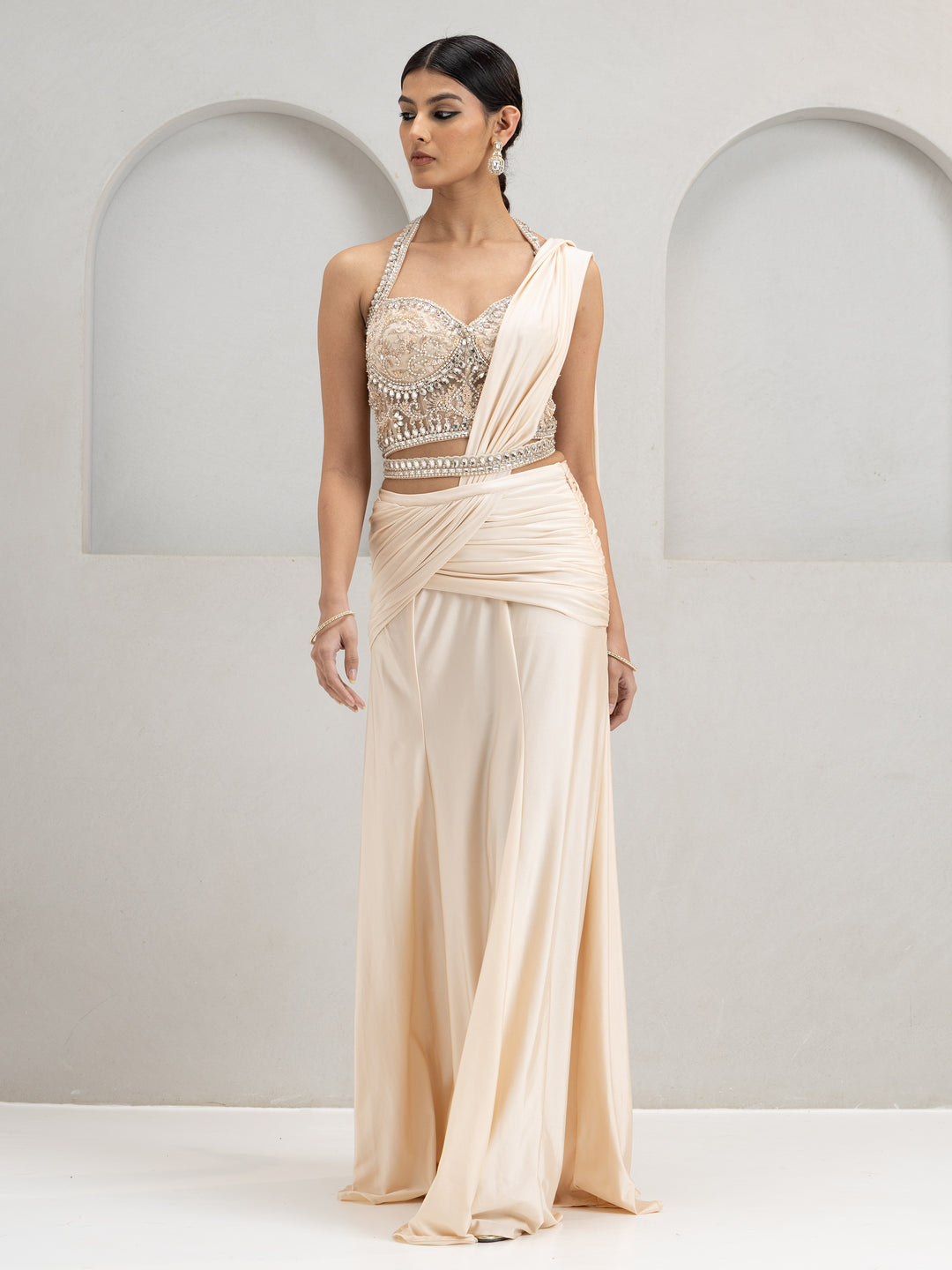 Nude Stone Embroidered Blouse With Lycra Drape Saree With Belt
