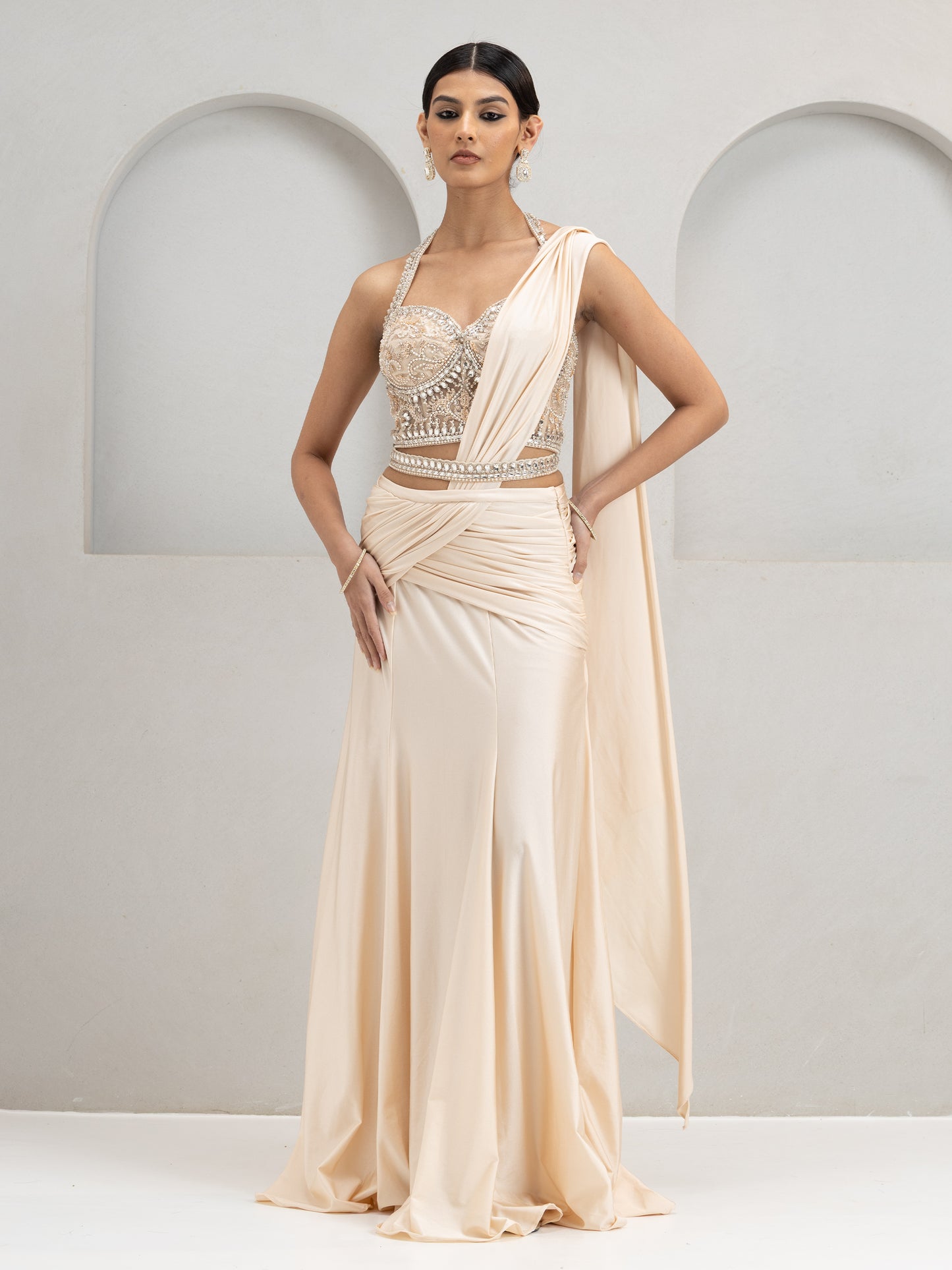 Nude Stone Embroidered Blouse With Lycra Drape Saree With Belt