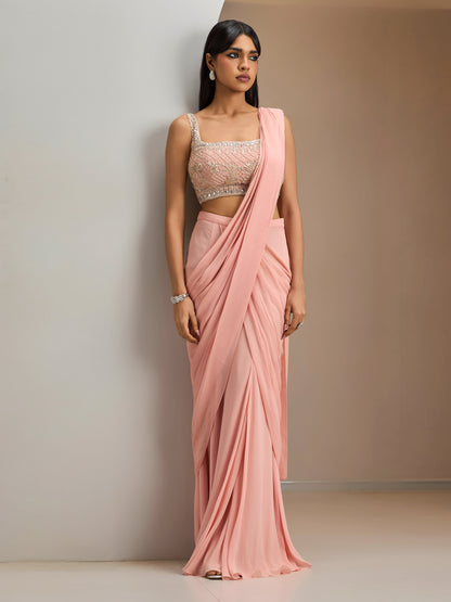 Old Rose Pink Blouse With Pre-Stitched Drape Saree