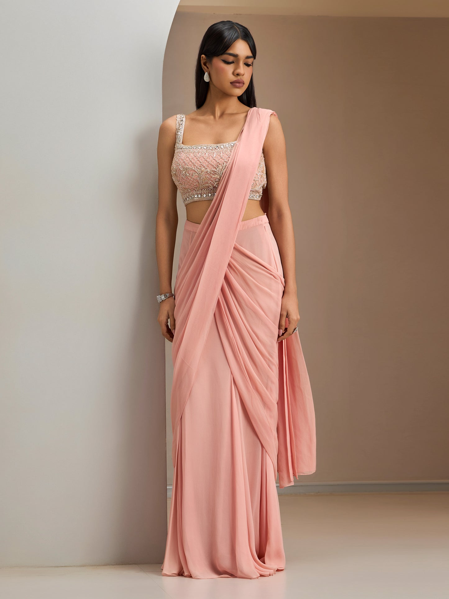 Old Rose Pink Blouse With Pre-Stitched Drape Saree