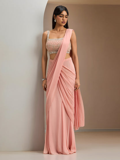 Old Rose Pink Blouse With Pre-Stitched Drape Saree