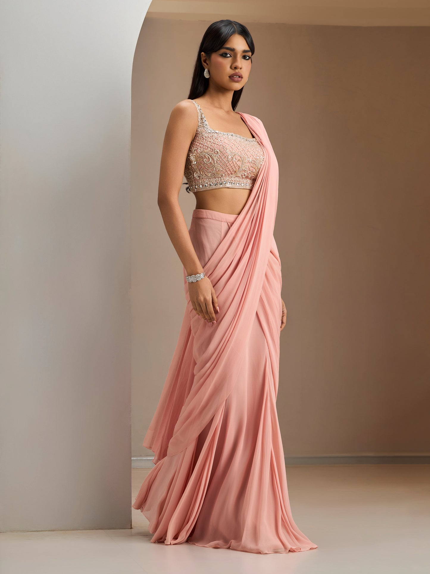 Old Rose Pink Blouse With Pre-Stitched Drape Saree