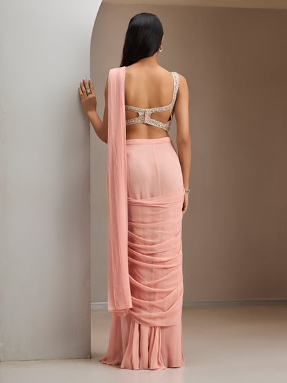 Old Rose Pink Blouse With Pre-Stitched Drape Saree