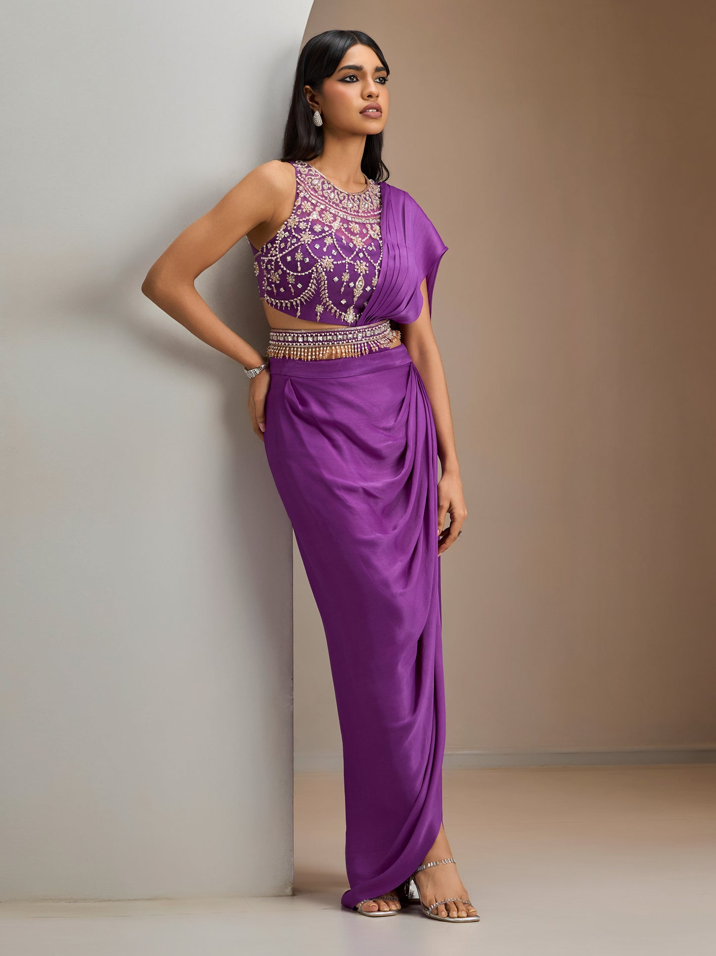 Purple Net Blouse With Hip Ruched Georgette Saree With Belt