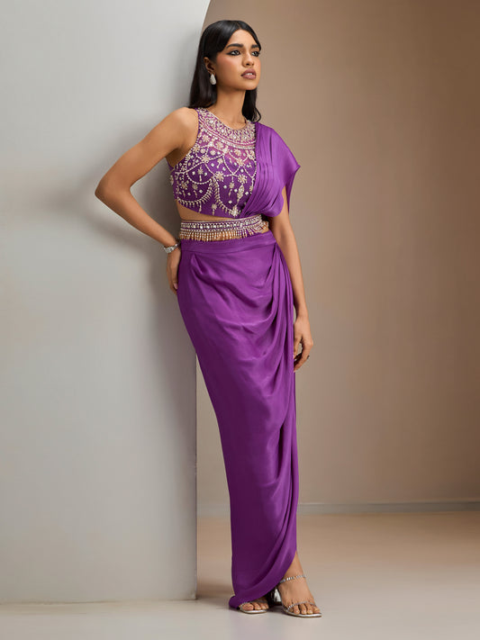 Purple Net Blouse With Hip Ruched Georgette Saree With Belt