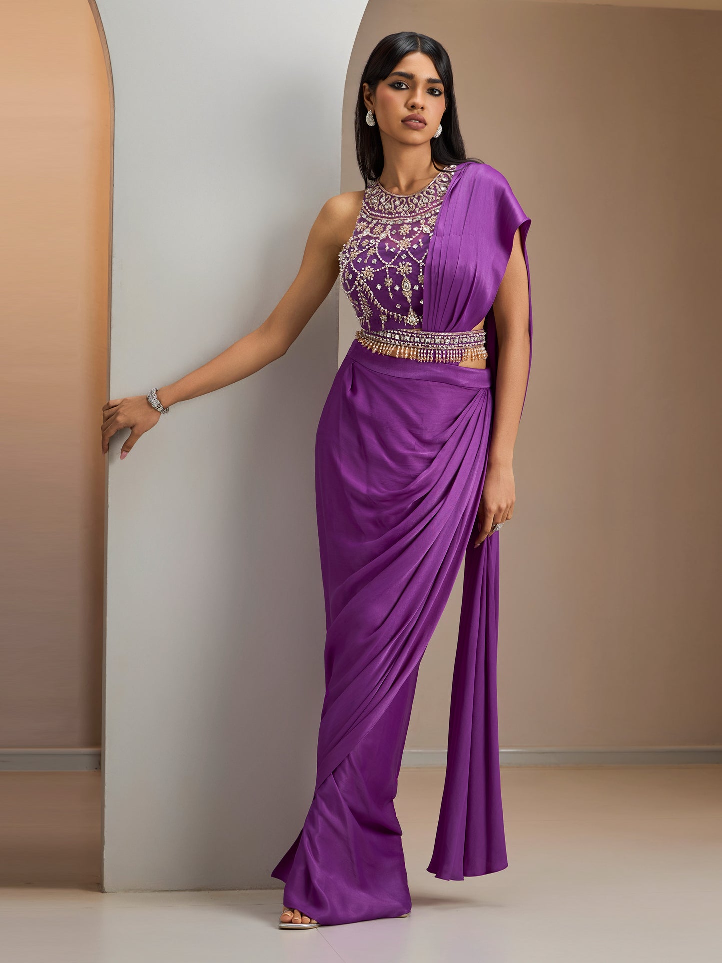 Purple Net Blouse With Hip Ruched Georgette Saree With Belt