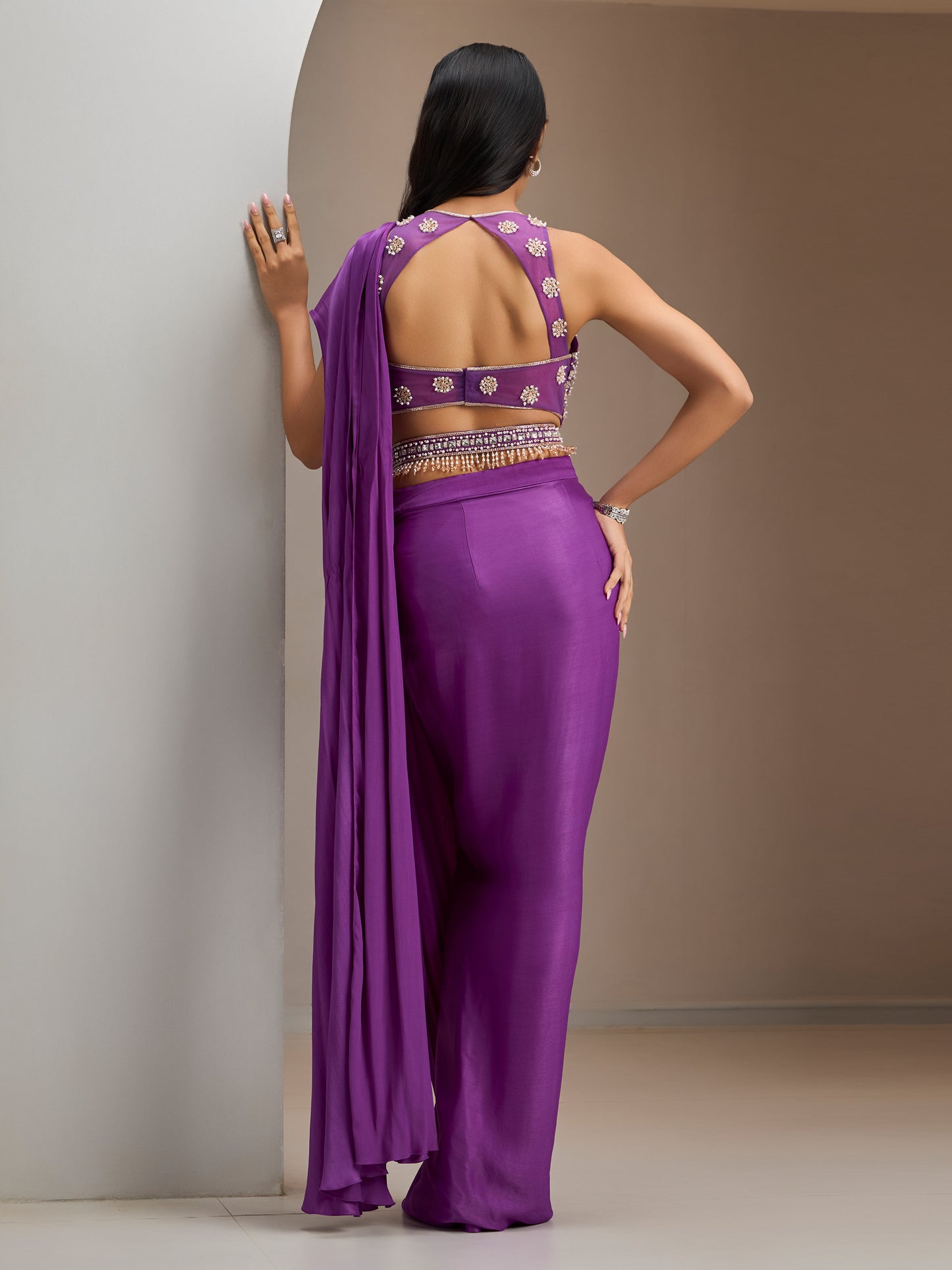 Purple Net Blouse With Hip Ruched Georgette Saree With Belt