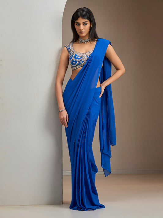 Electric Blue Net Blouse With Pre-Stitched Saree With Belt
