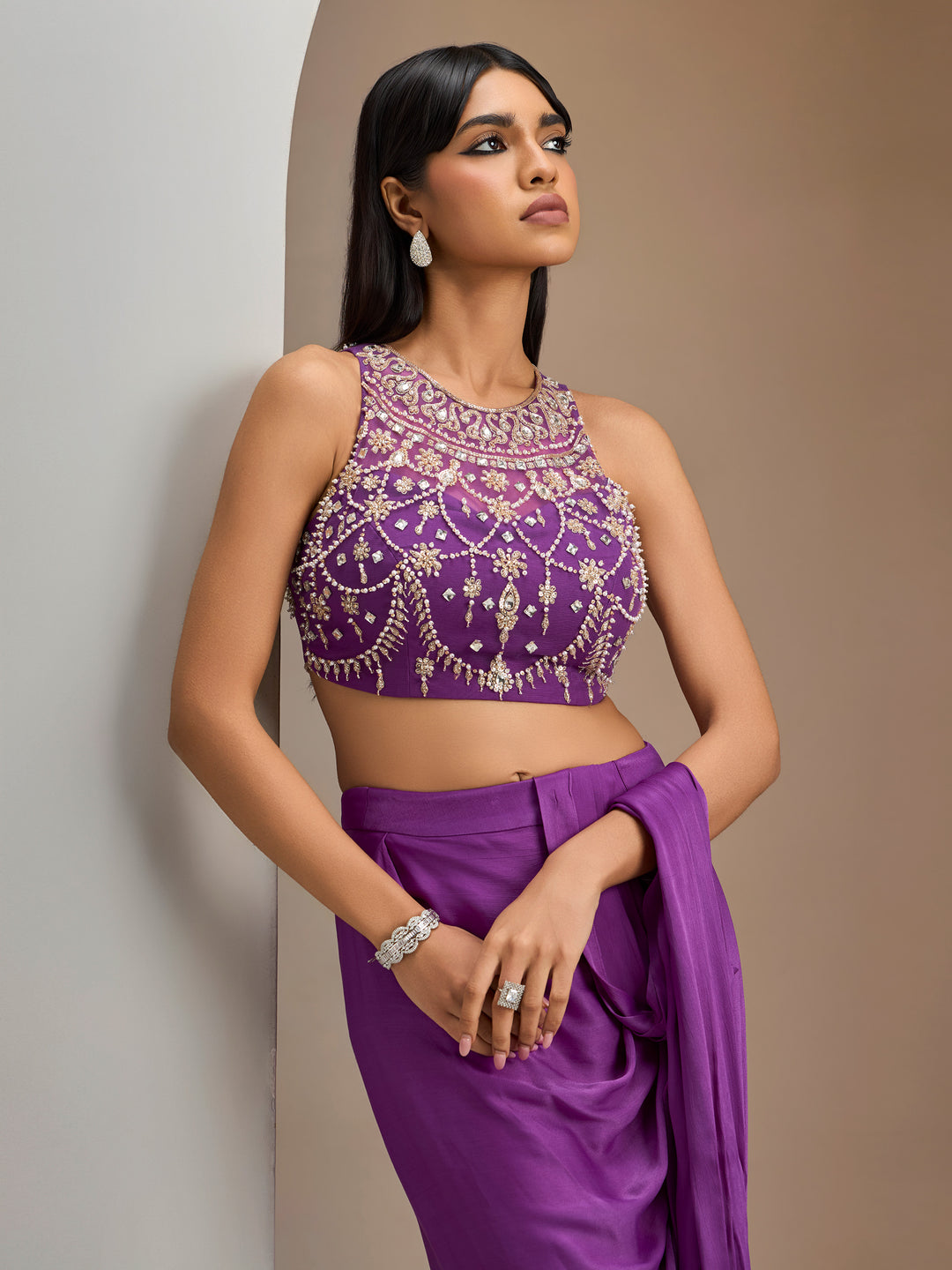 Purple Net Blouse With Hip Ruched Georgette Saree With Belt