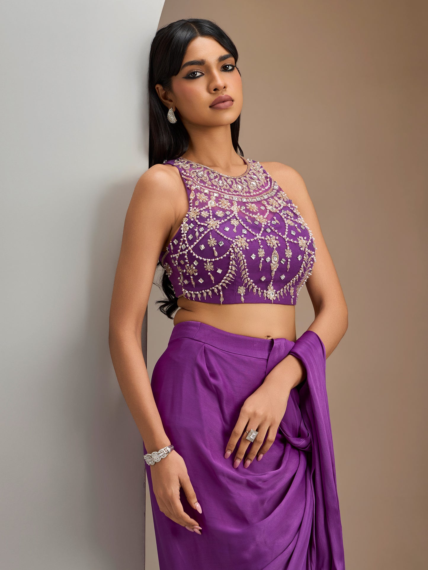 Purple Net Blouse With Hip Ruched Georgette Saree With Belt