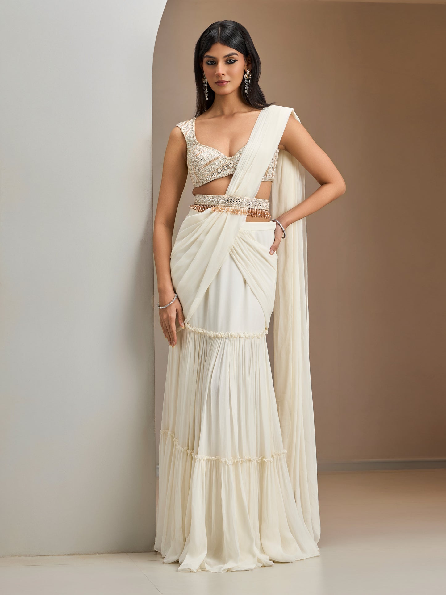 Ivory Blouse With Hip Rushed Drape Saree And Belt