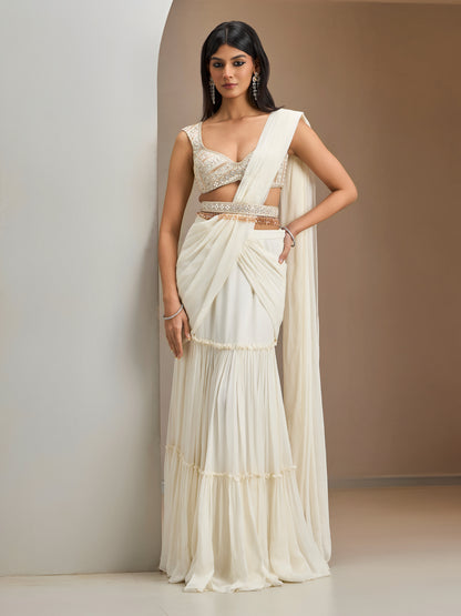 Ivory Blouse With Hip Rushed Drape Saree And Belt