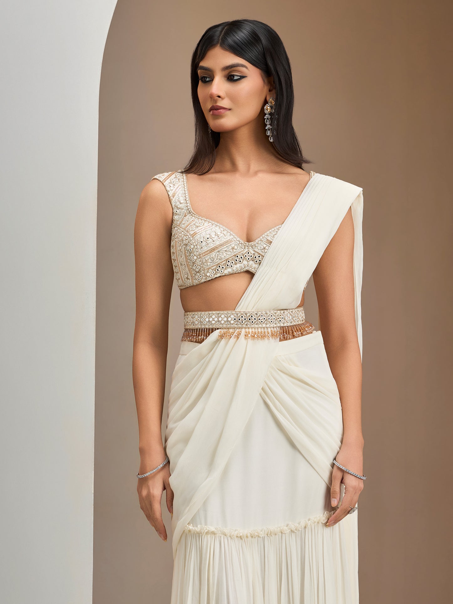 Ivory Blouse With Hip Rushed Drape Saree And Belt