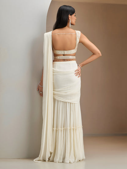 Ivory Blouse With Hip Rushed Drape Saree And Belt