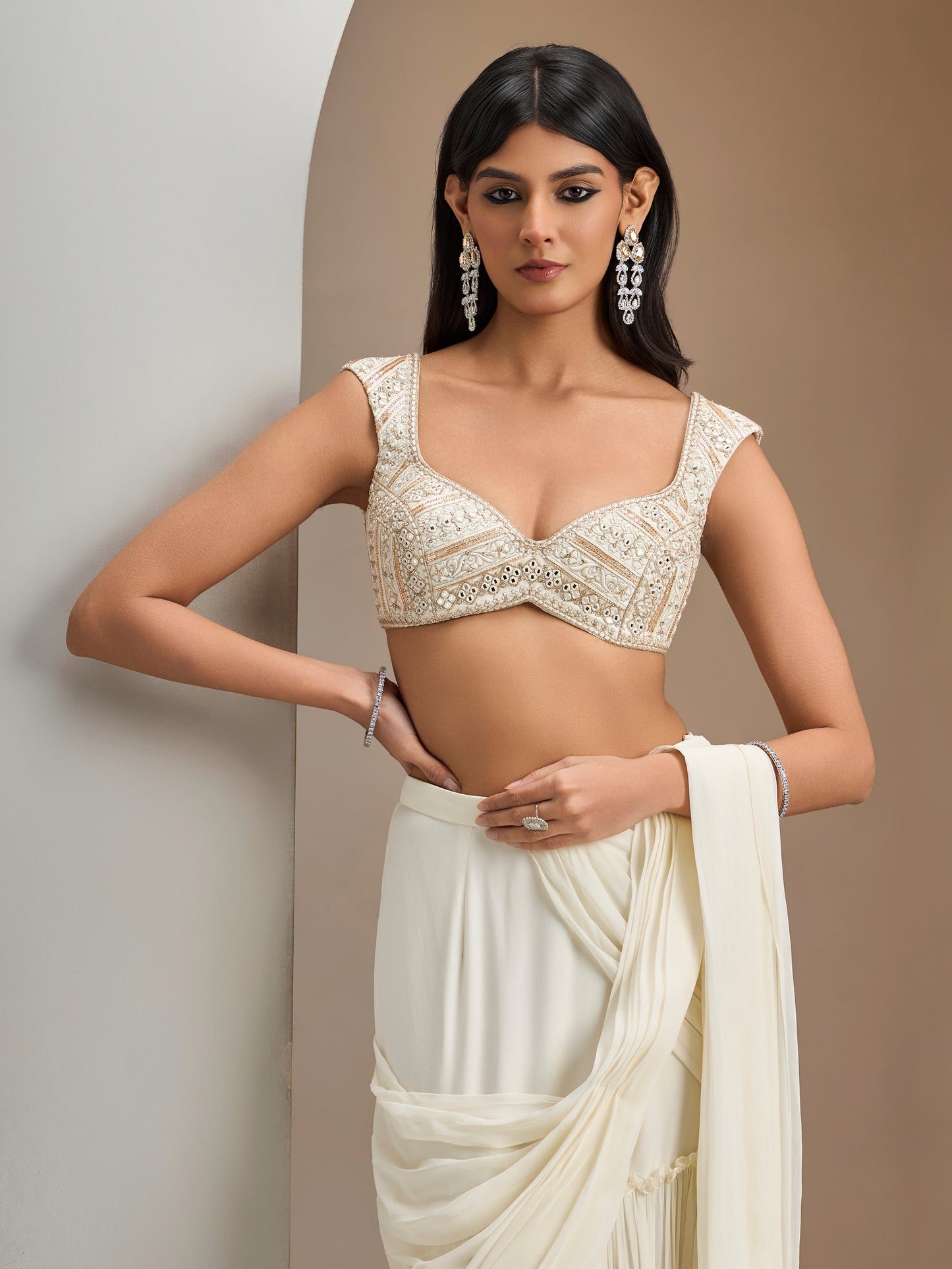 Ivory Blouse With Hip Rushed Drape Saree And Belt