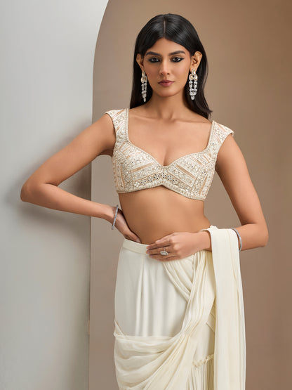 Ivory Blouse With Hip Rushed Drape Saree And Belt