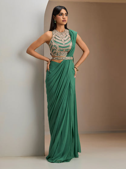 Sage Green Blouse With Pre-Stitched Drape Saree