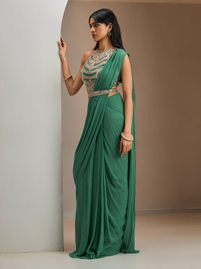 Sage Green Blouse With Pre-Stitched Drape Saree