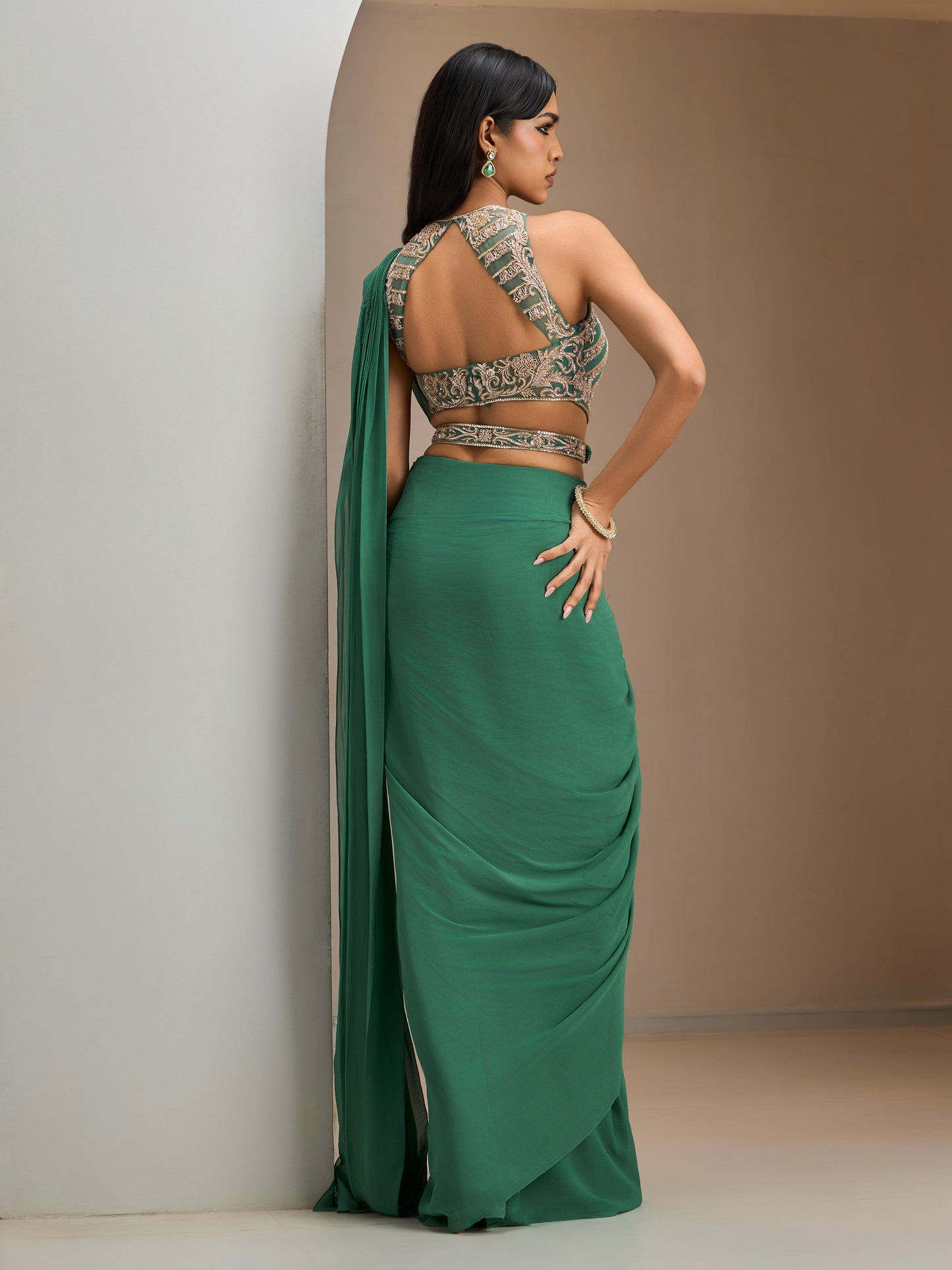 Sage Green Blouse With Pre-Stitched Drape Saree