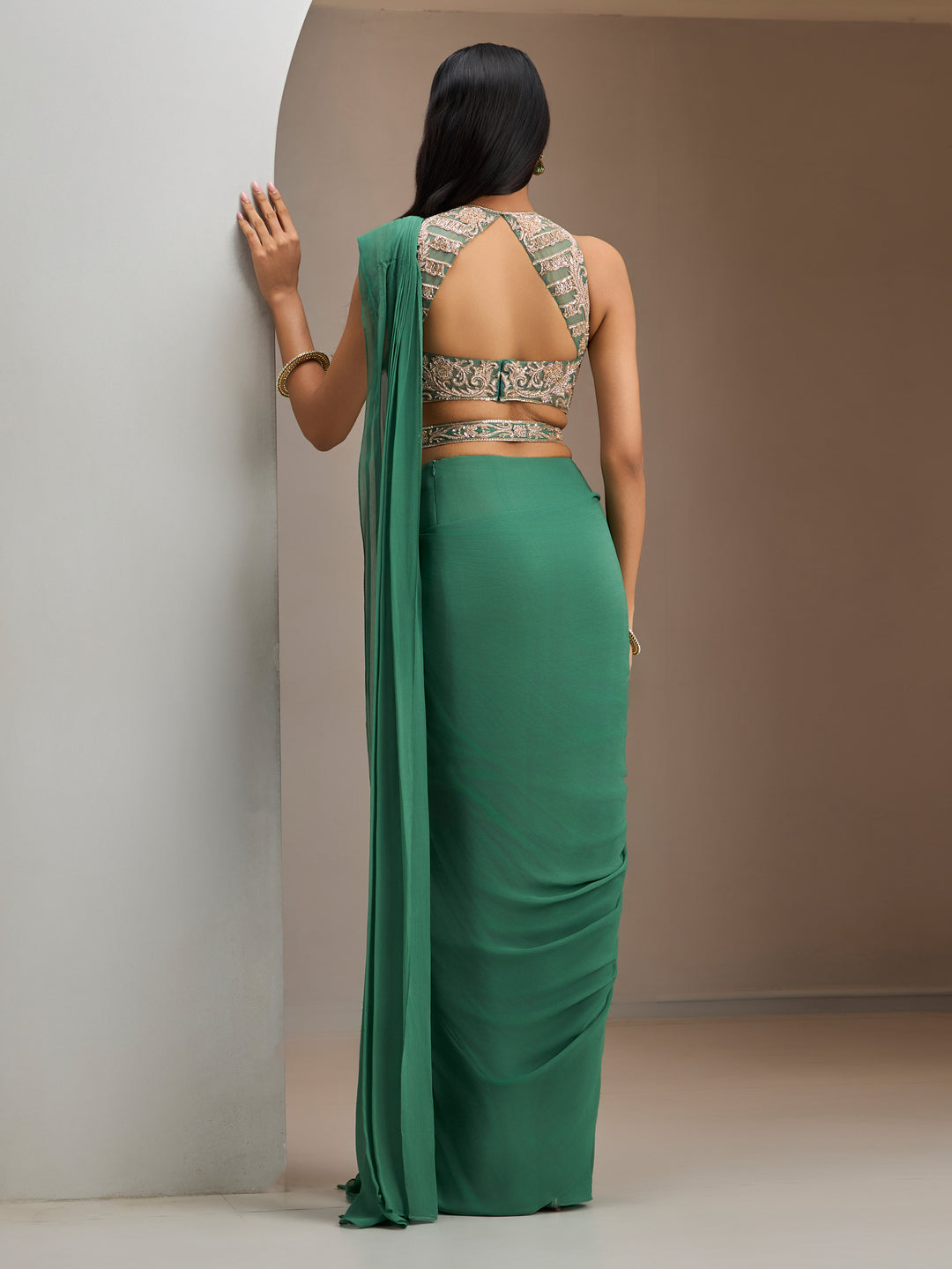 Sage Green Blouse With Pre-Stitched Drape Saree