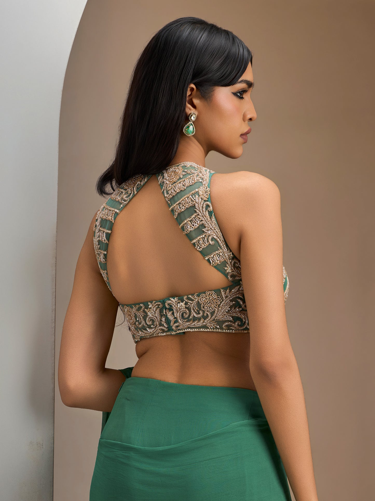 Sage Green Blouse With Pre-Stitched Drape Saree