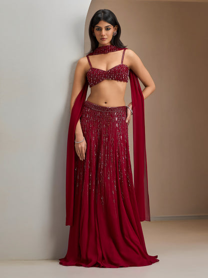 Alamkara Red Blouse with Lehenga And Choker Dupatta With Red Drops