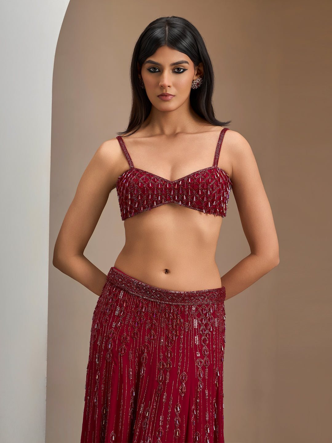 Alamkara Red Blouse with Lehenga And Choker Dupatta With Red Drops