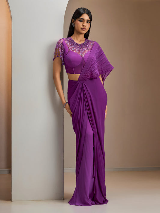 Purple Jeweled Net Blouse With Concept Draped Saree