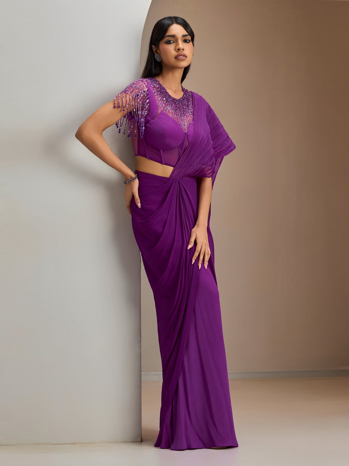 Purple Jeweled Net Blouse With Concept Draped Saree
