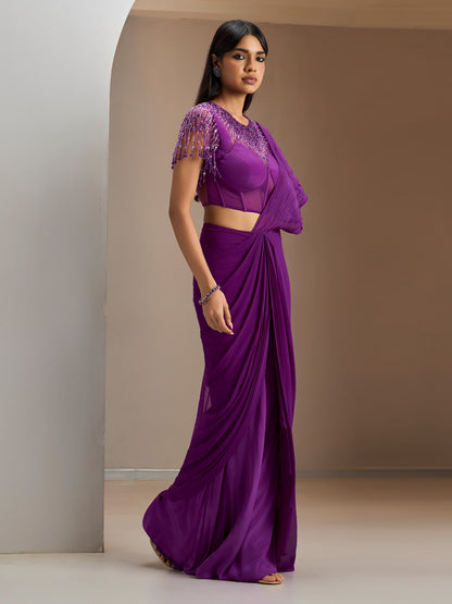 Purple Jeweled Net Blouse With Concept Draped Saree