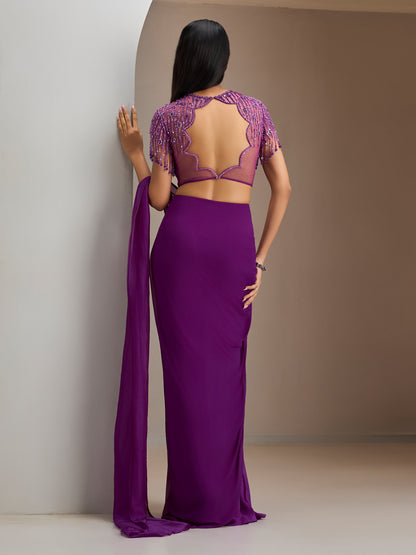 Purple Jeweled Net Blouse With Concept Draped Saree
