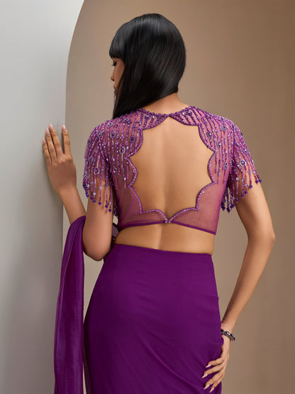 Purple Jeweled Net Blouse With Concept Draped Saree