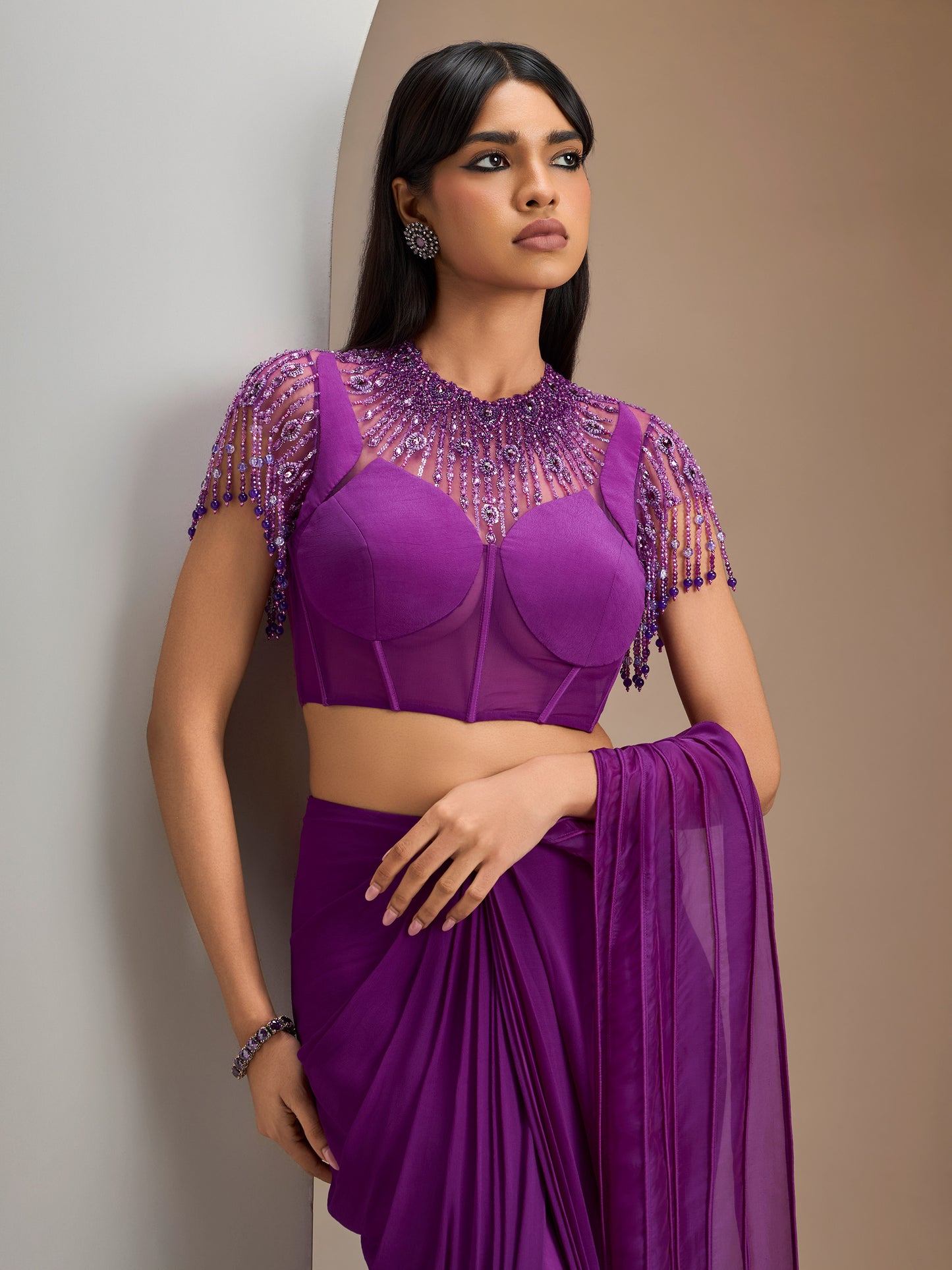 Purple Jeweled Net Blouse With Concept Draped Saree