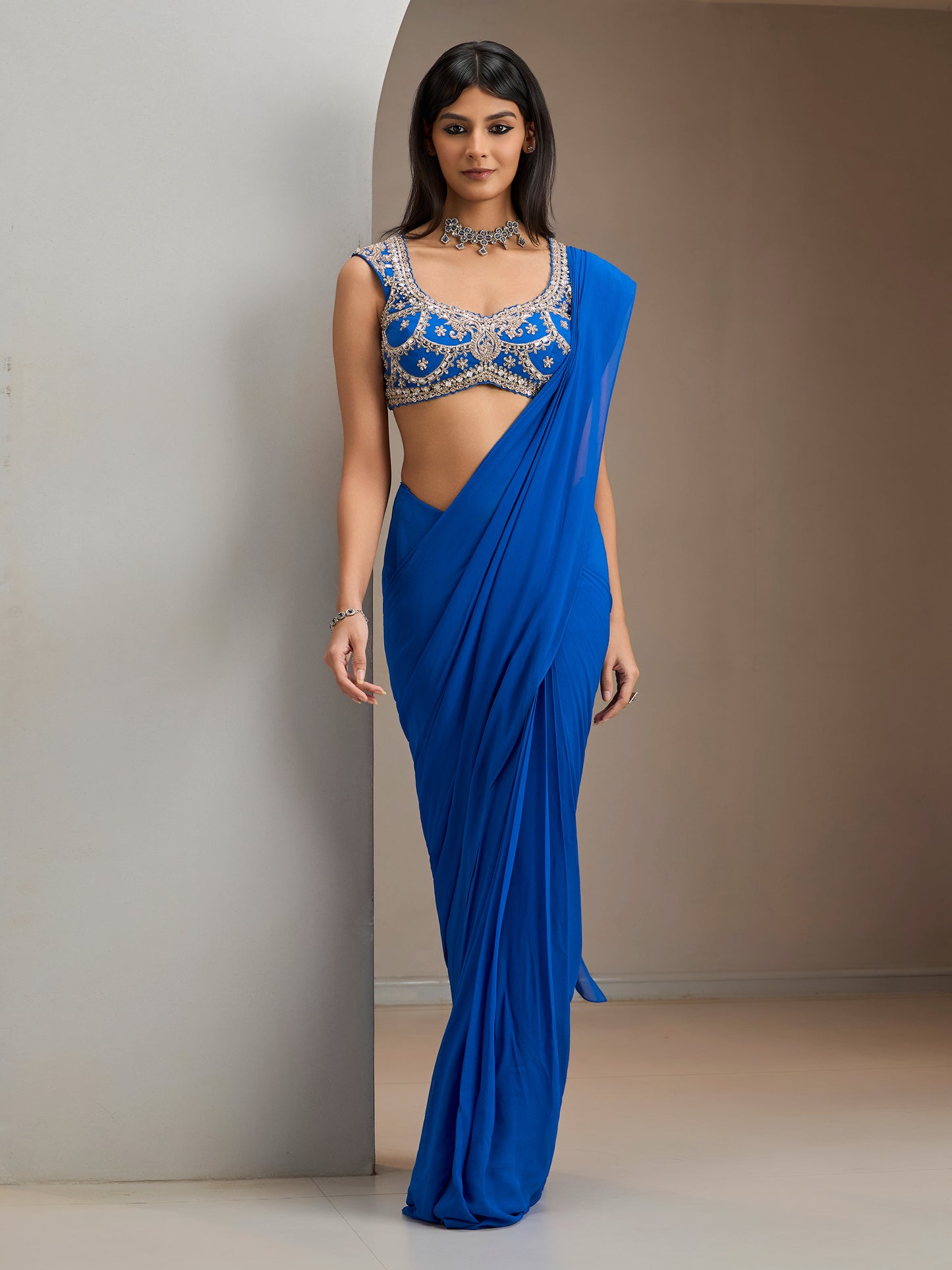 Electric Blue Net Blouse With Pre-Stitched Saree With Belt