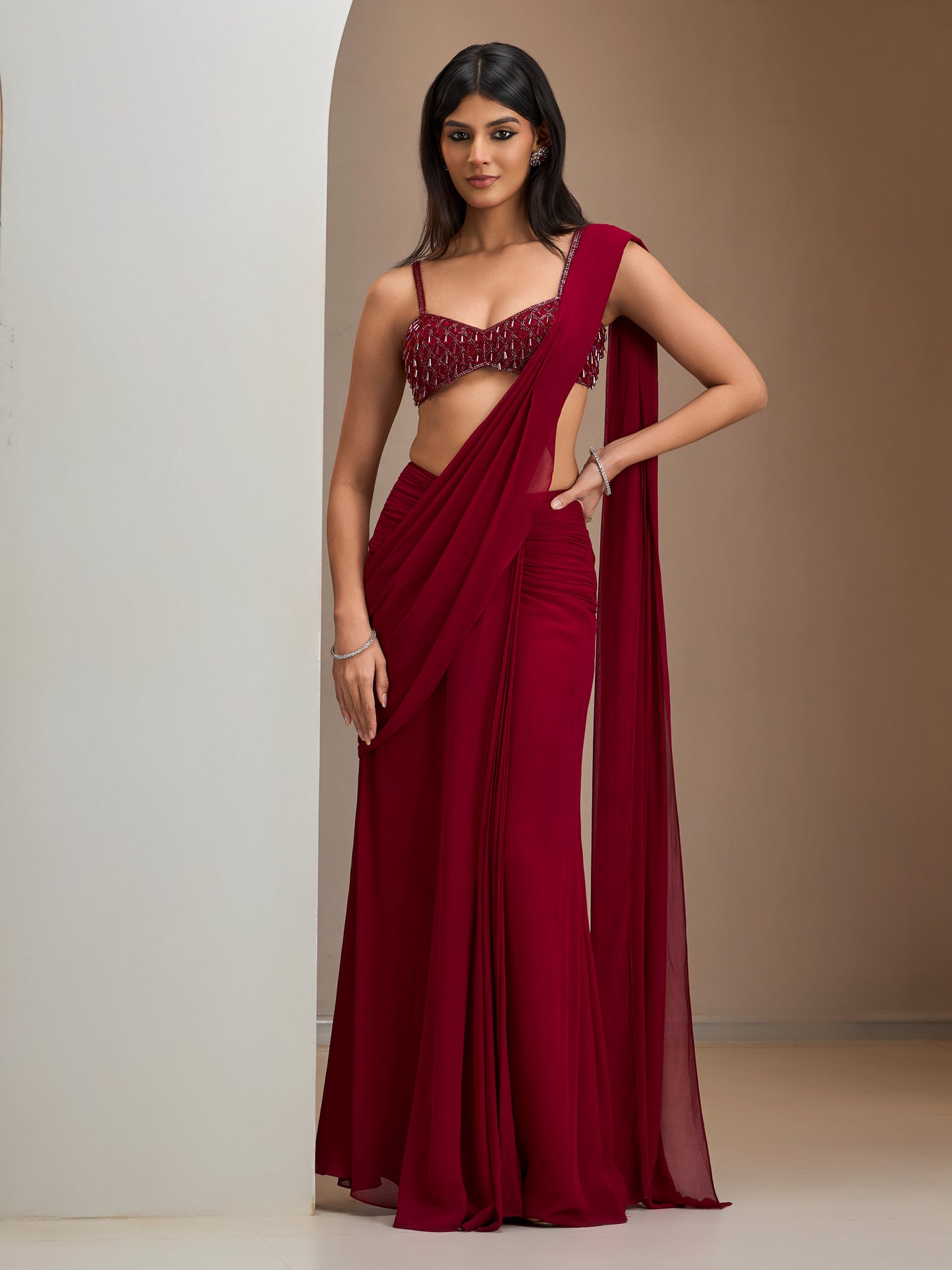 Alamkara Red Blouse With Hip Ruched Saree