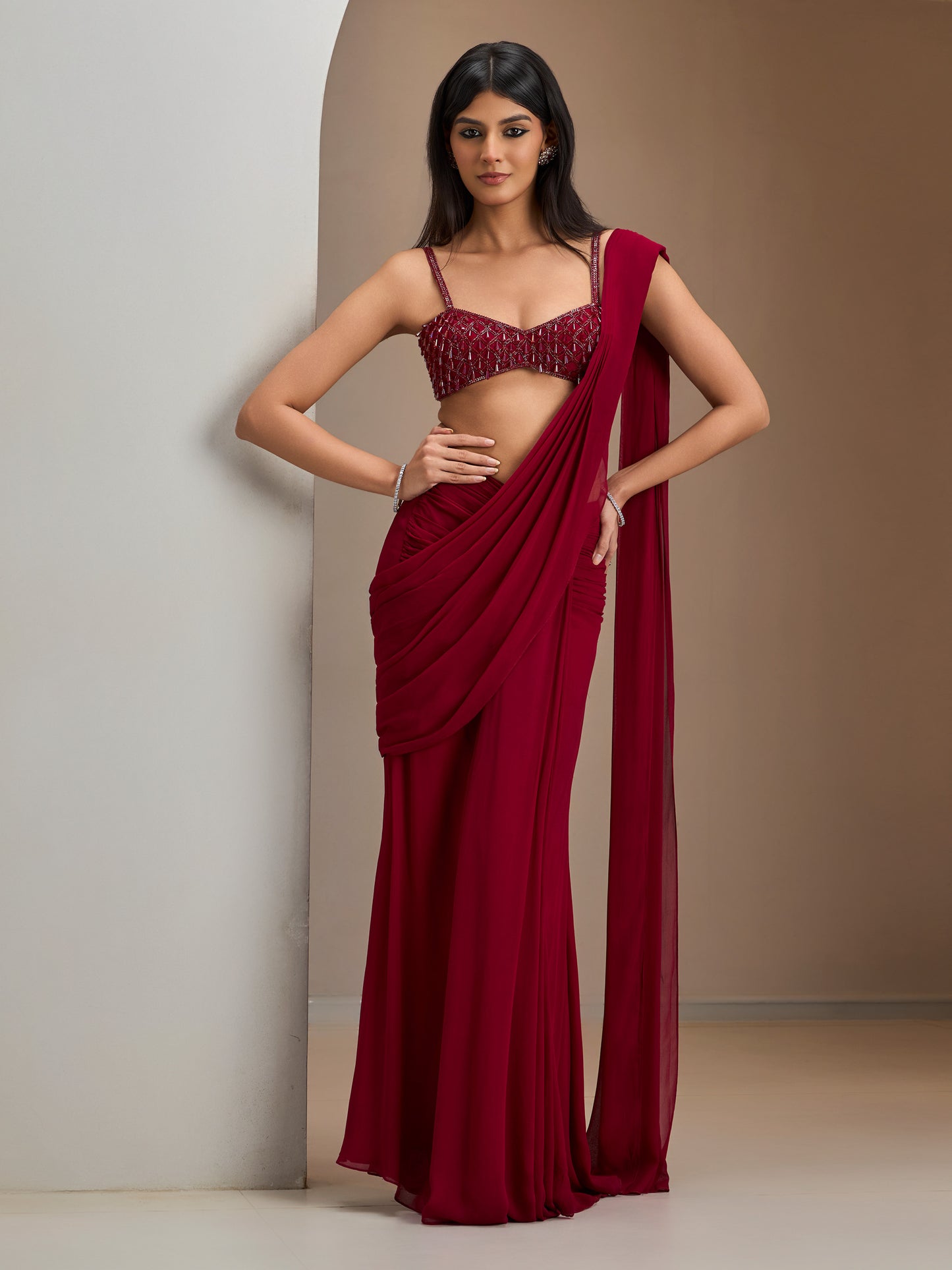 Alamkara Red Blouse With Hip Ruched Saree