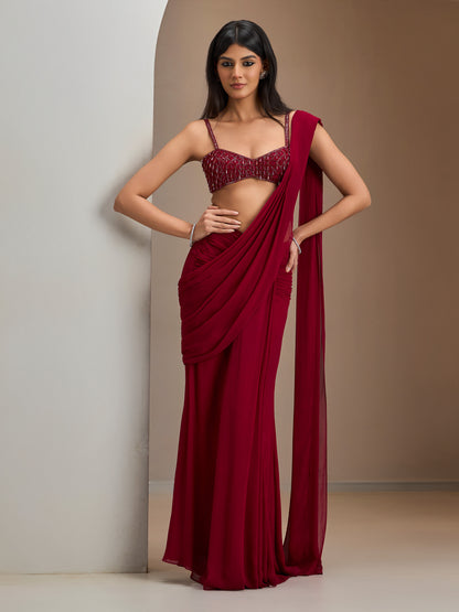 Alamkara Red Blouse With Hip Ruched Saree