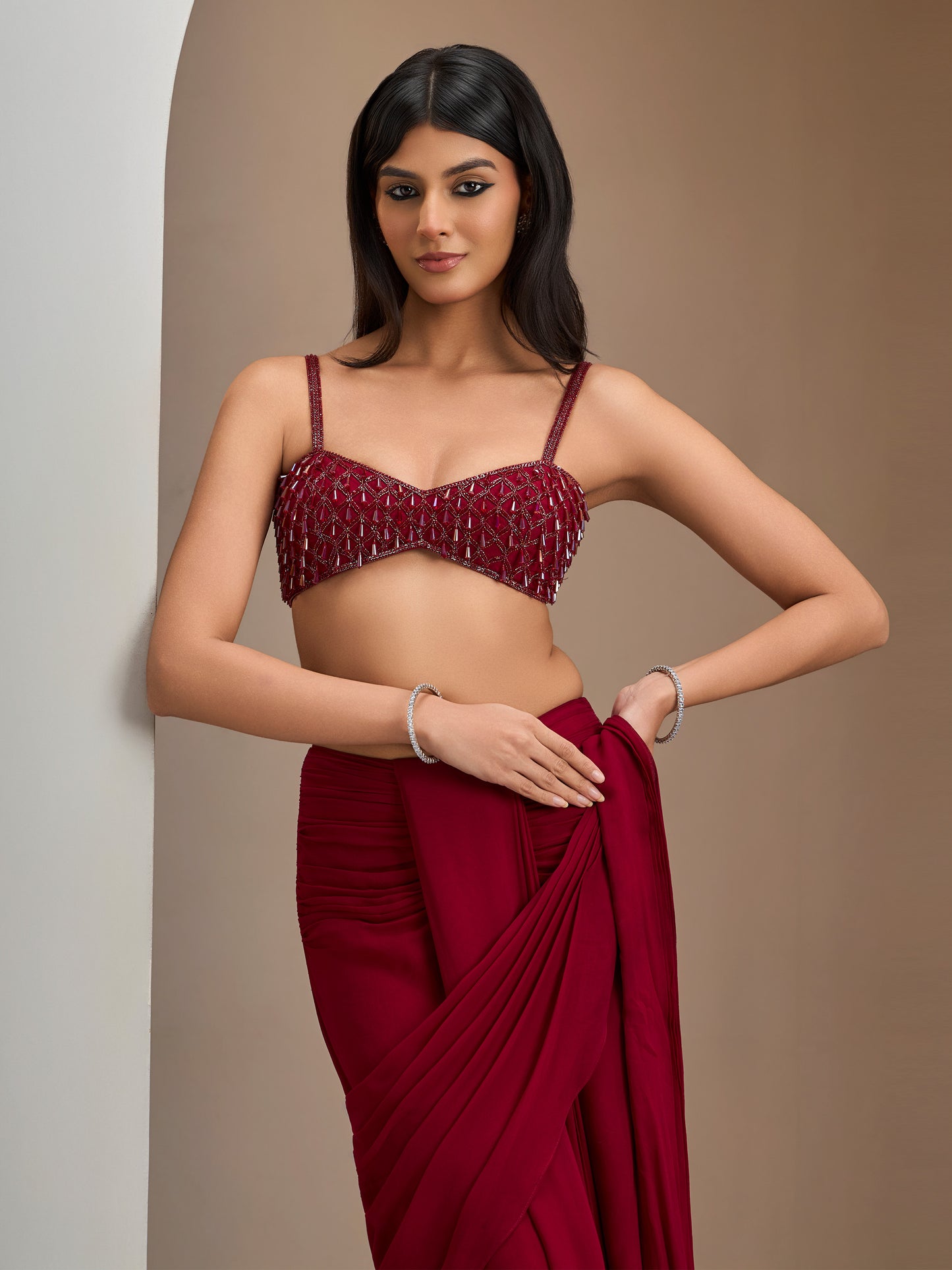 Alamkara Red Blouse With Hip Ruched Saree