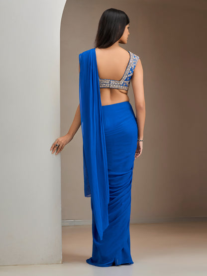 Electric Blue Net Blouse With Pre-Stitched Saree With Belt