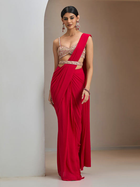 Red Hand Embroidered. Blouse With Pre- Stitched Saree