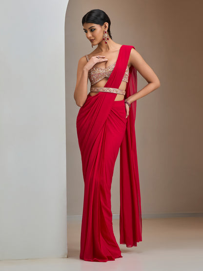 Red Hand Embroidered. Blouse With Pre- Stitched Saree