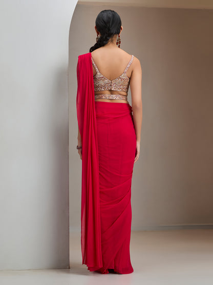 Red Hand Embroidered. Blouse With Pre- Stitched Saree