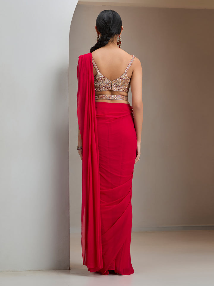 Red Hand Embroidered. Blouse With Pre- Stitched Saree