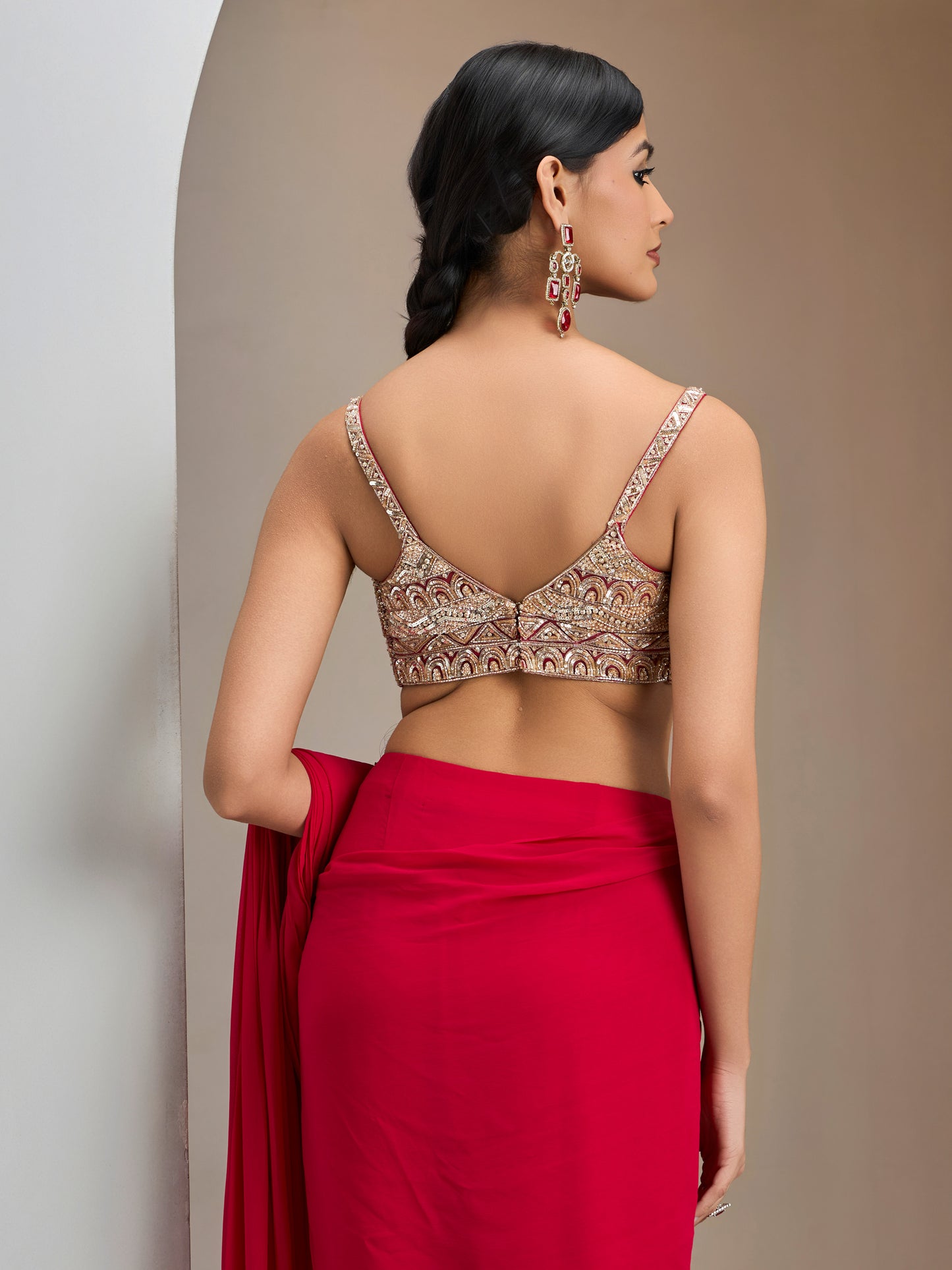 Red Hand Embroidered. Blouse With Pre- Stitched Saree