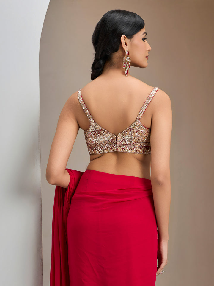 Red Hand Embroidered. Blouse With Pre- Stitched Saree