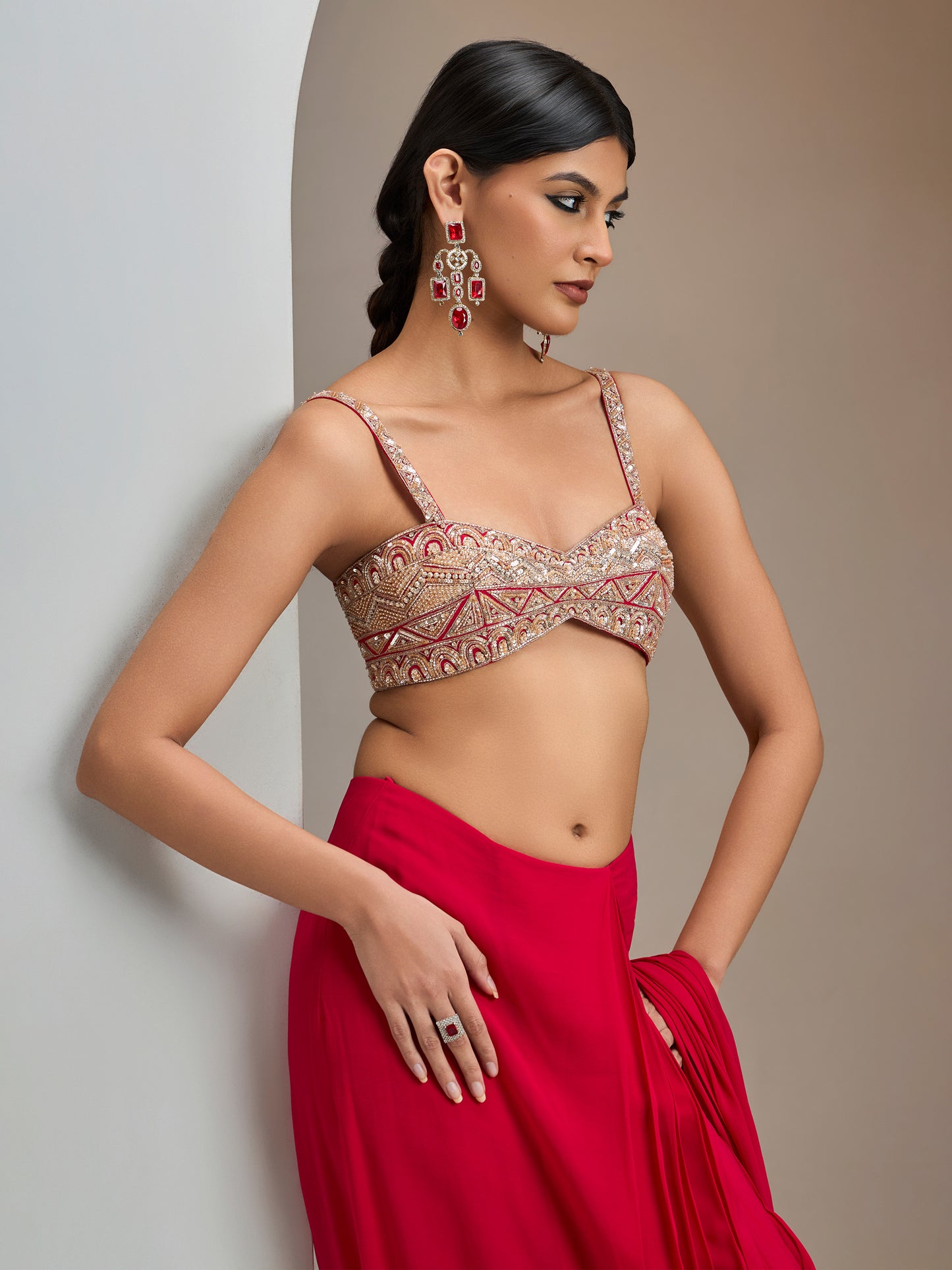 Red Hand Embroidered. Blouse With Pre- Stitched Saree